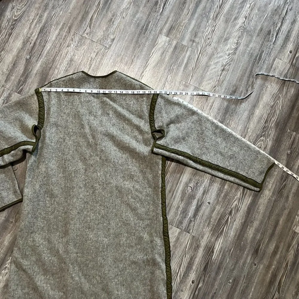 Vintage Military Quilted Wool Field Liner Coat Gray Olive Trim Long Overcoat
